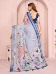 Light Gray Digital Floral Print Saree back view – watercolor floral pallu spread with navy contrast border