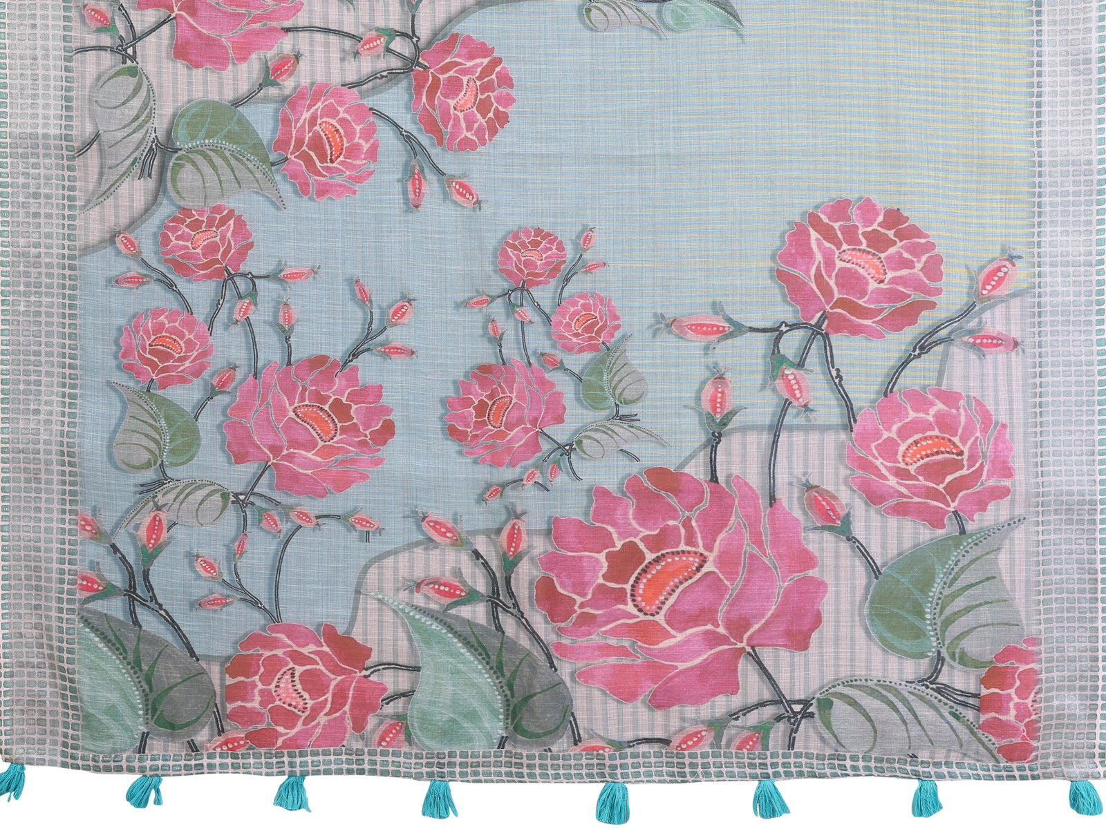Light Gray Digital Floral Print Saree flat lay – full saree and blouse piece, pink rose print with teal tassels
