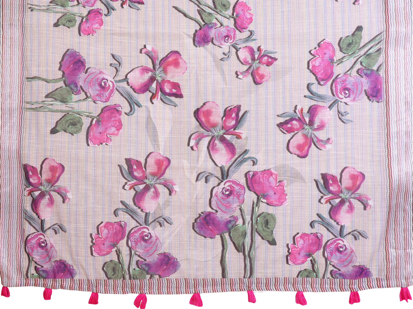 Light Gray Digital Floral Print Saree flat lay – full saree and blouse piece, watercolor iris print with pink tassels
