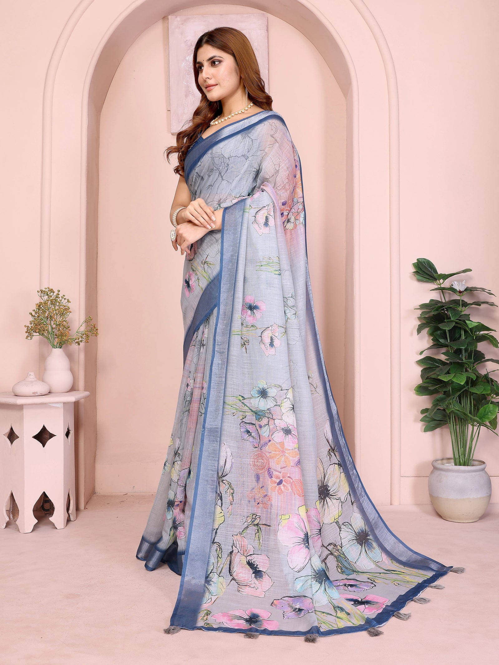 Light Gray Digital Floral Print Saree side drape – botanical poppy pallu with navy shimmer border and grey tassels