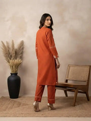 Light Orange Embroidered Kurti – back view showing covered back and straight silhouette