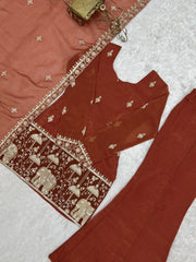Elephant Procession Zari and Sequins Embroidery Detail on Light Orange Suit