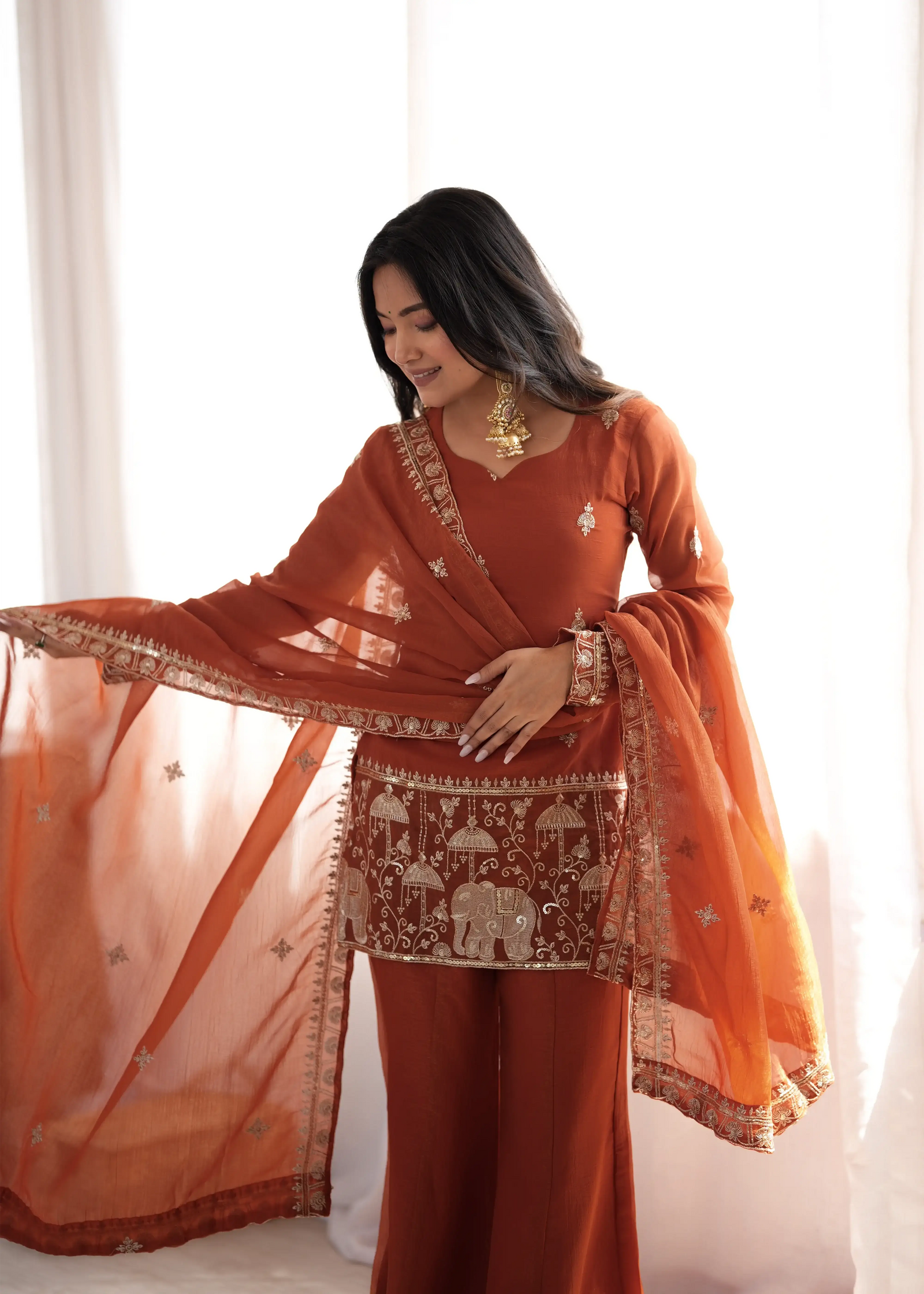 Light Orange Sequins Embroidered Suit – Window Background Front View