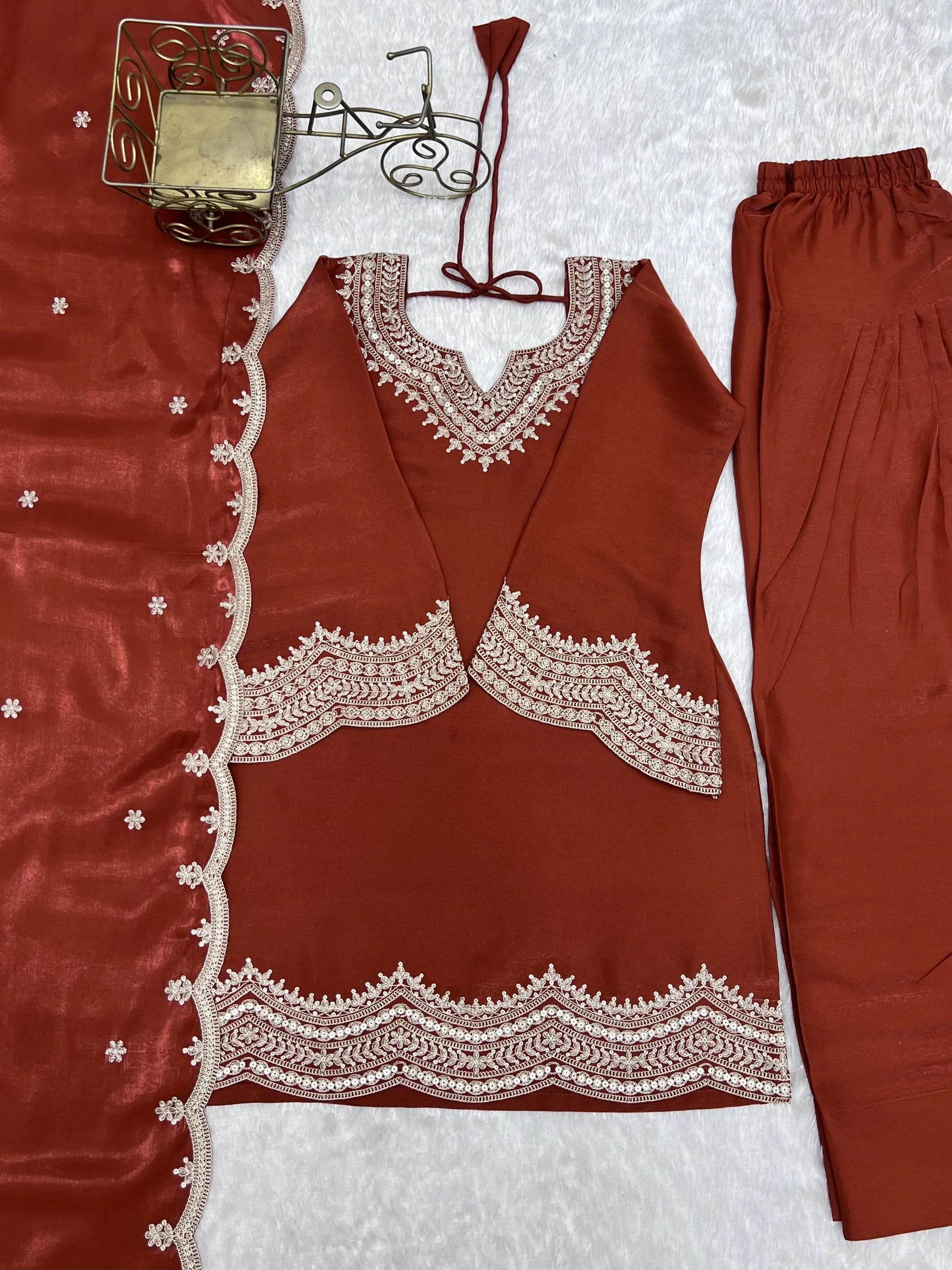 Light Orange Sequins Suit kurta and pants flat lay