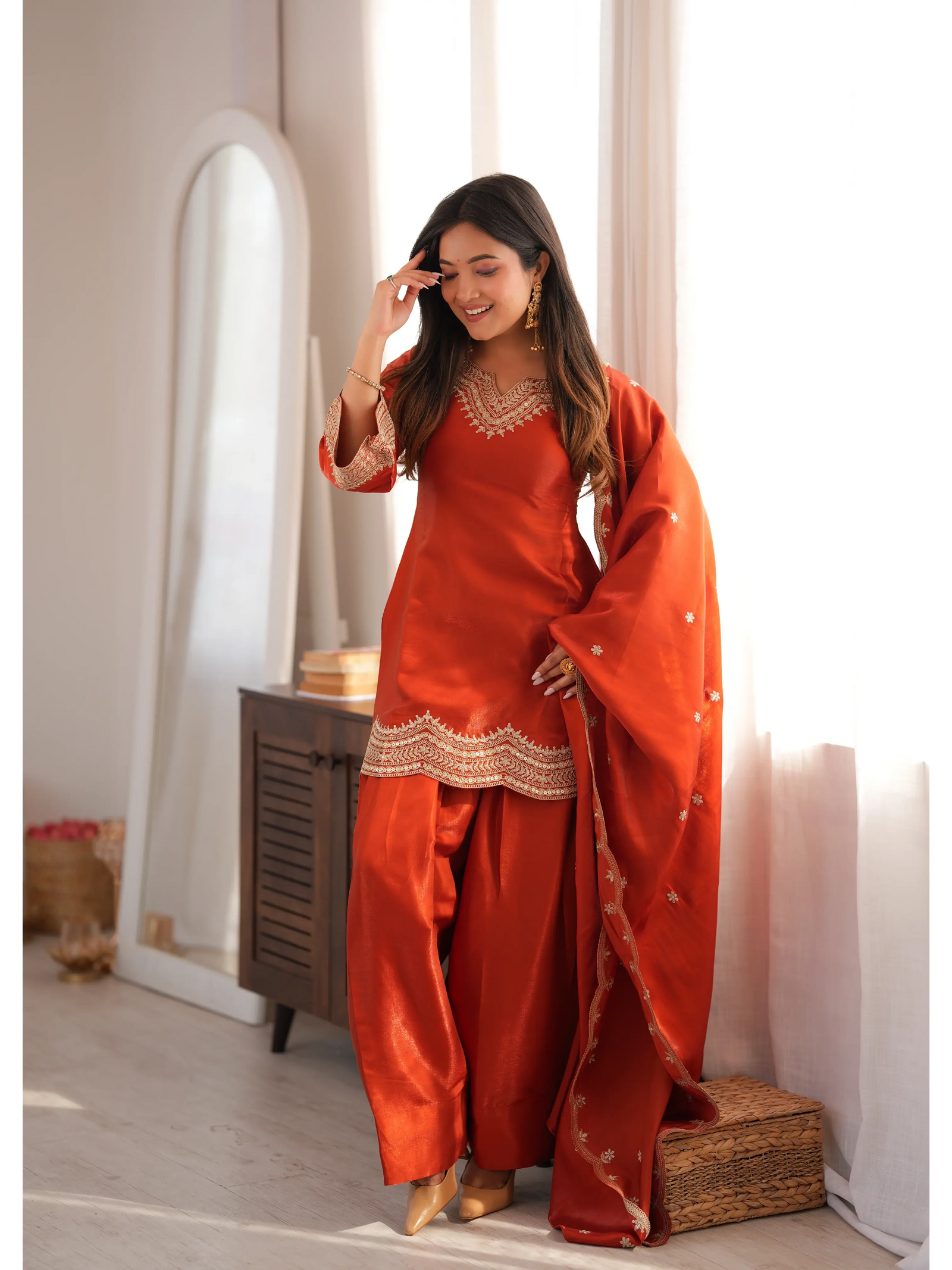 Light Orange Sequins Suit peplum kurta with straight pants