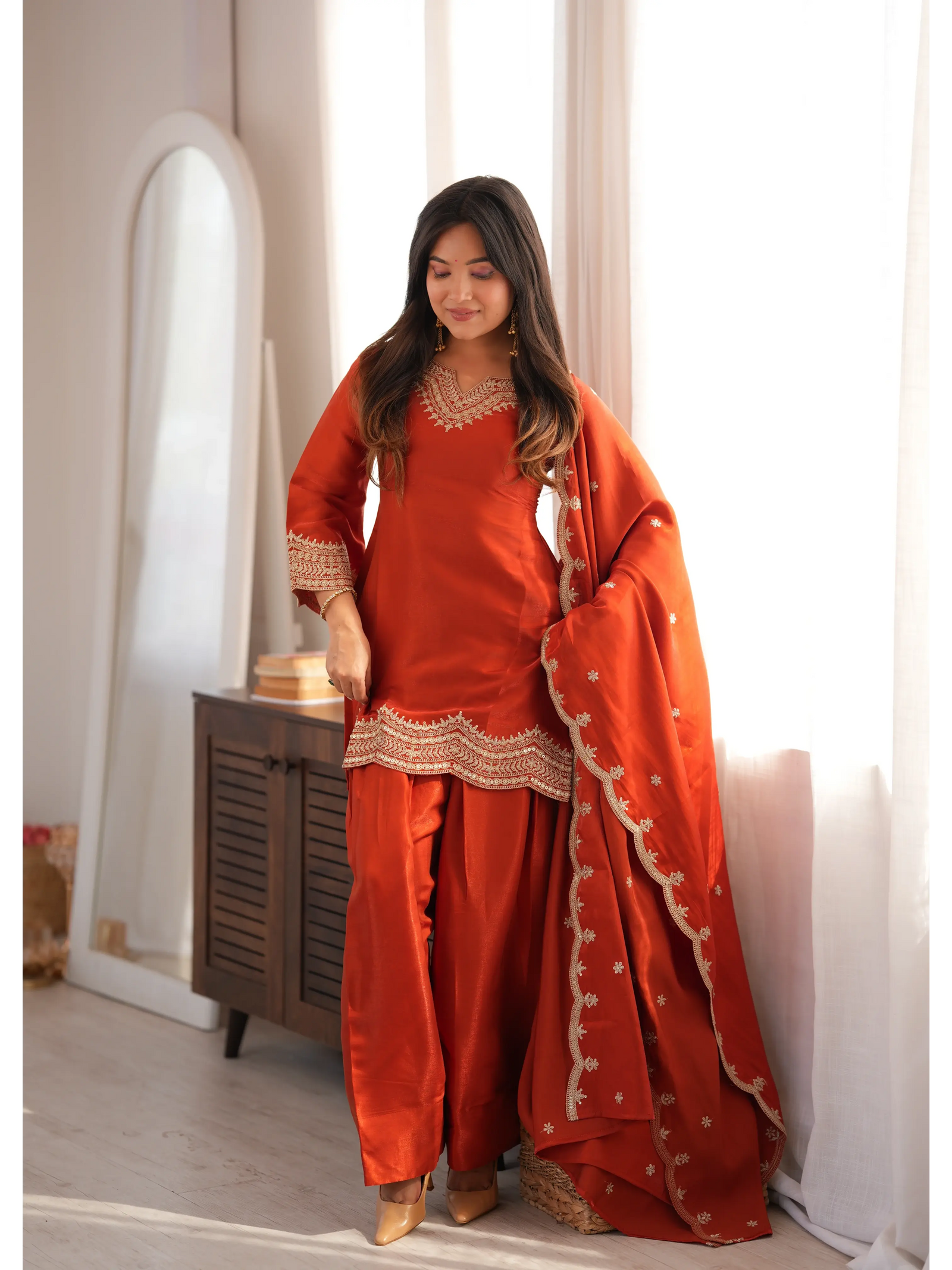 Light Orange Sequins Suit zari embroidered neckline closeup