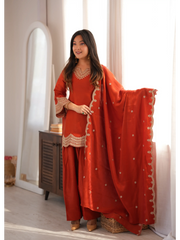 Light Orange Sequins Suit styled with dupatta drape