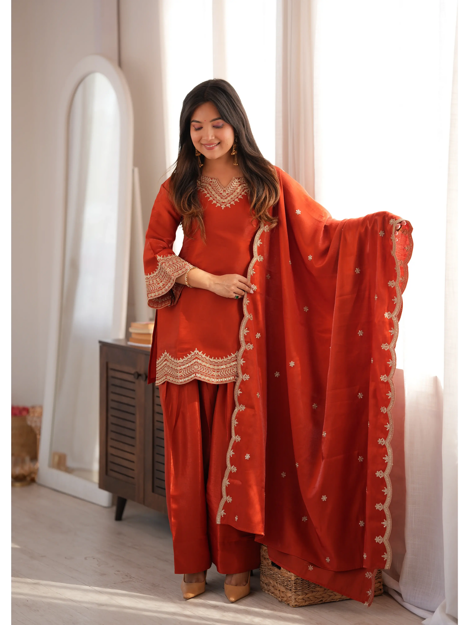 Light Orange Sequins Suit with zari embroidery - front view