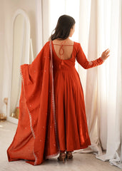 Back view of Light Orange Thread Work Anarkali Suit showing open dori tie-up