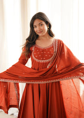 Upper body close-up of Light Orange Thread Work Anarkali Suit with dupatta