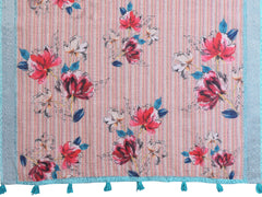 Light Peach Digital Floral Print Saree flat lay – full saree and blouse piece, teal tassel border