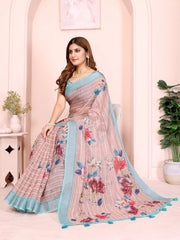Light Peach Digital Floral Print Saree on model – bold red and pink florals on fine stripe base