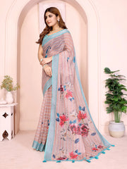 Light Peach Digital Floral Print Saree side drape – floral pallu with teal border and tassel detail