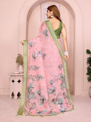 Light Pink Digital Floral Print Saree back view – printed pallu with leaf motifs and olive green contrast border