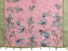 Light Pink Digital Floral Print Saree flat lay – full saree and blouse piece, botanical print with olive green border