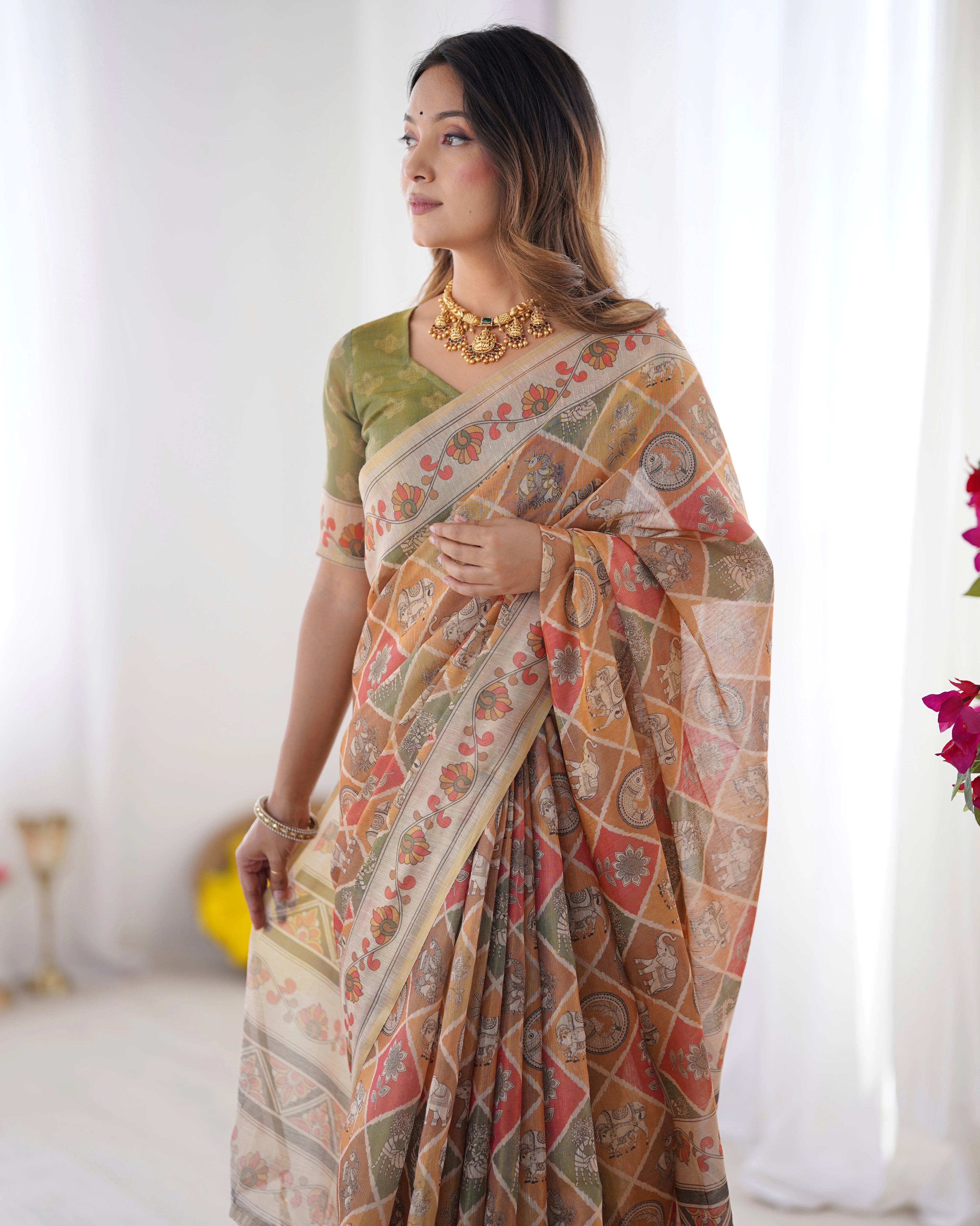 Woman wearing a patterned saree with a white background