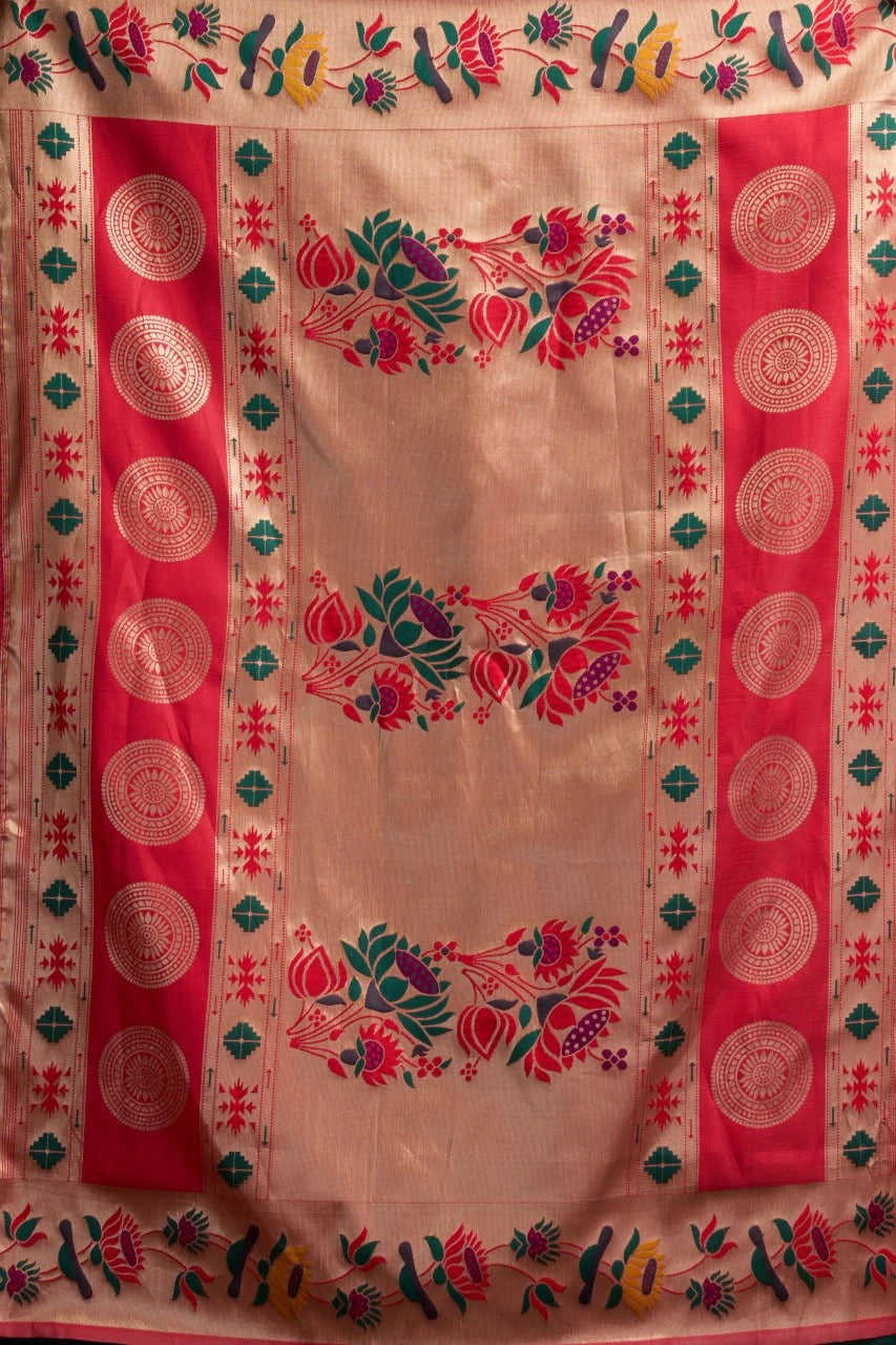 Decorative fabric with intricate patterns and colors on a beige background