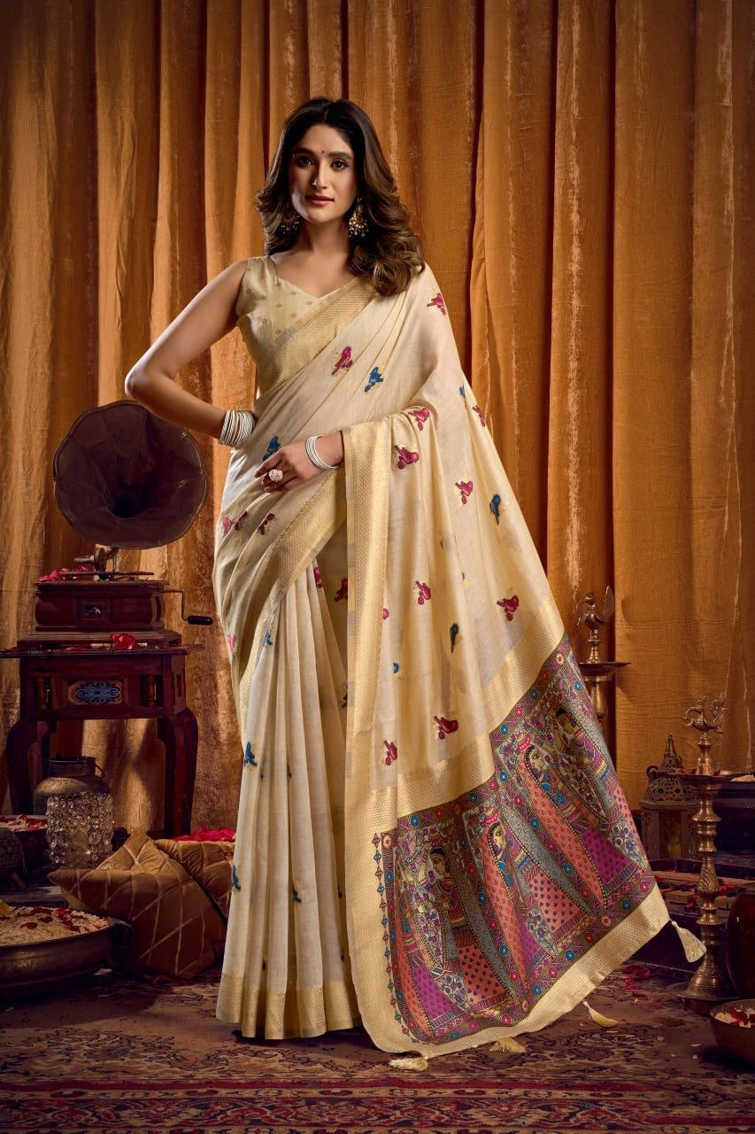 Woman in a traditional saree with intricate patterns in a warm-toned room.