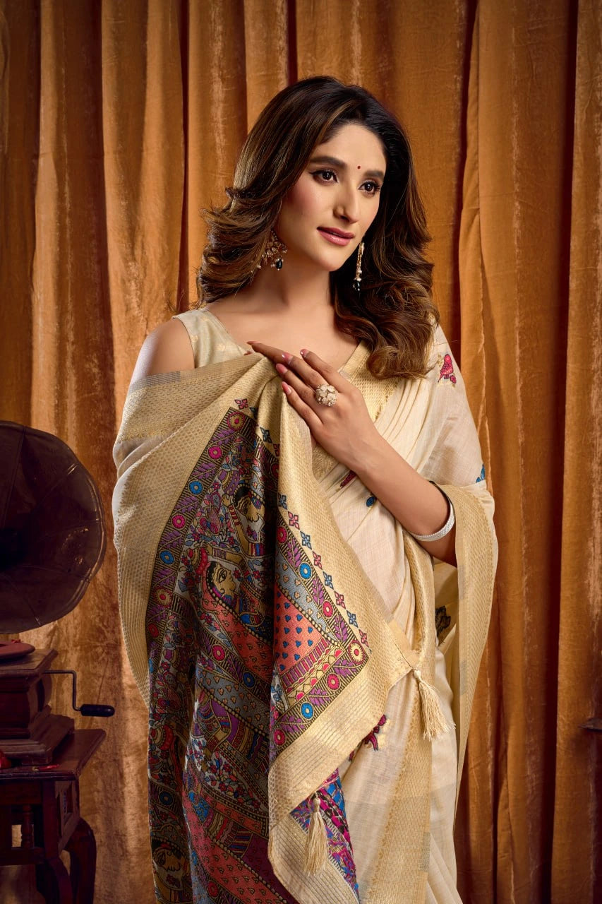Woman in a traditional outfit with a patterned shawl against a warm-toned curtain background