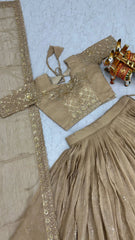 Beige traditional outfit with gold embroidery on a light blue background