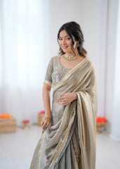 Woman wearing a traditional saree with a plain background