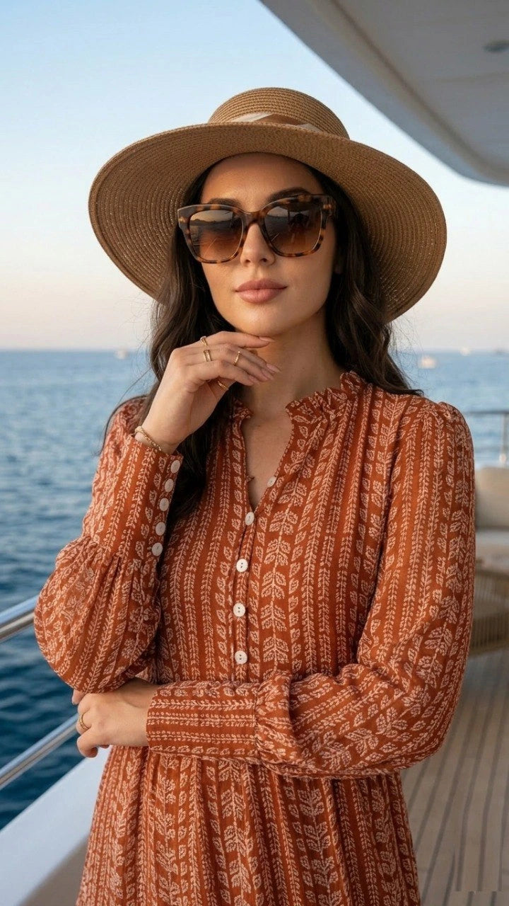 Woman in a patterned dress and sun hat on a boat with ocean view