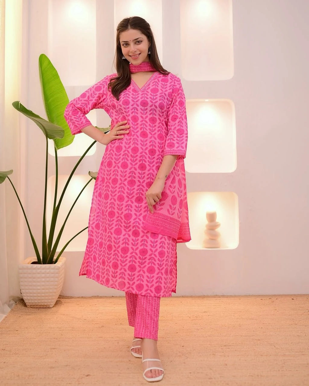 Woman wearing a bright pink traditional outfit with a plant and lamp in the background