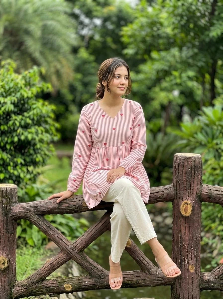 Woman sitting on a wooden fence in a garden