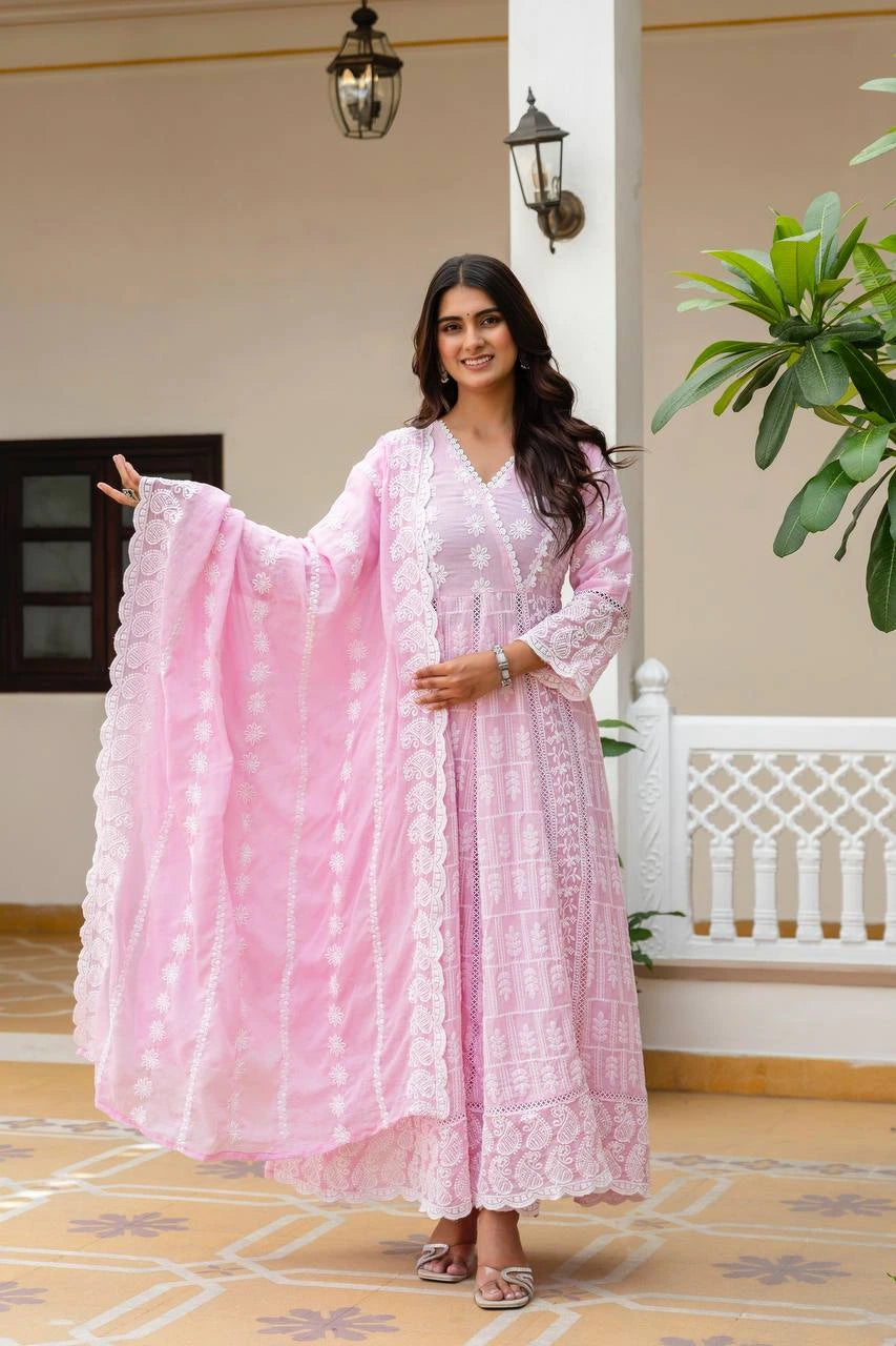 Light Pink Lakhnowi Work Mal Cotton Suit