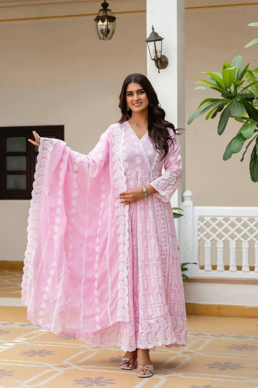 Light Pink Lakhnowi Work Mal Cotton Suit