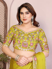 Woman wearing a green embroidered saree with a floral pattern against a neutral background