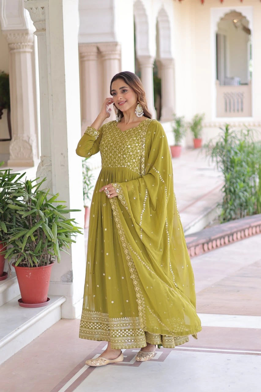 Lime Sequins Zari Embroidery Work Faux Georgette Gown