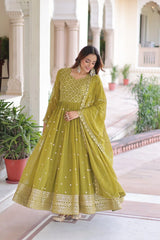 Lime Sequins Zari Embroidery Work Faux Georgette Gown