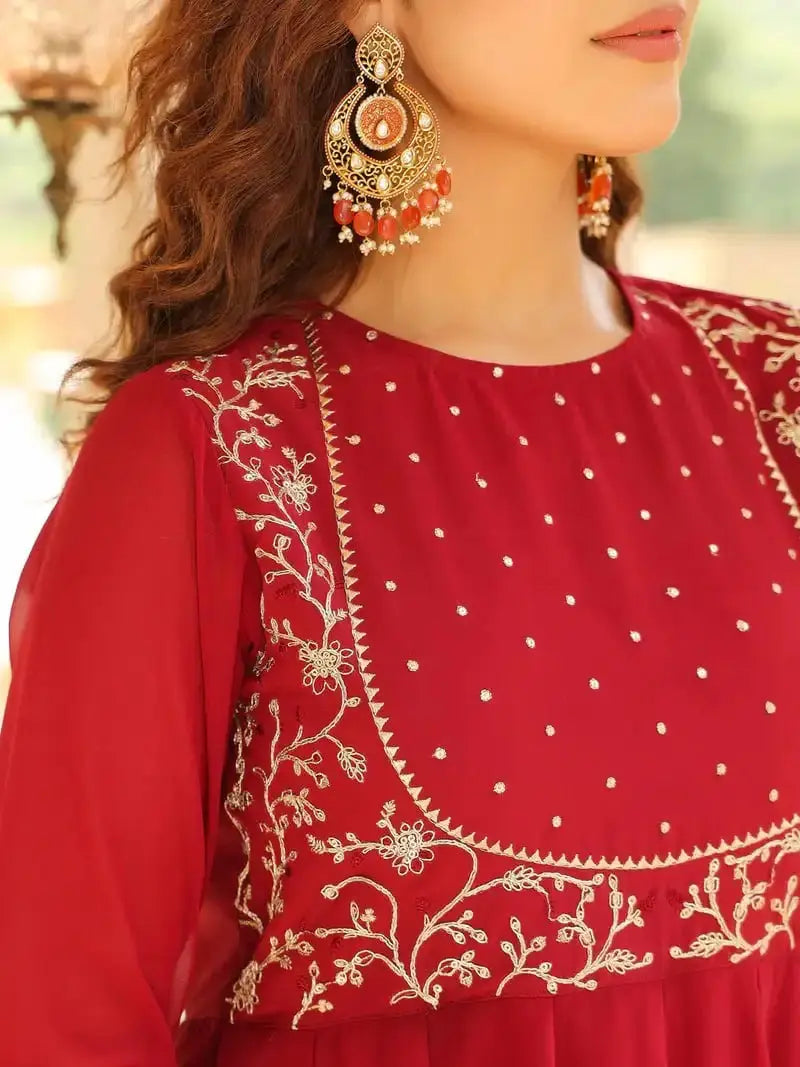 Golden zari floral embroidery and mukaish dot detail on yoke of Maroon Georgette Anarkali Kurti