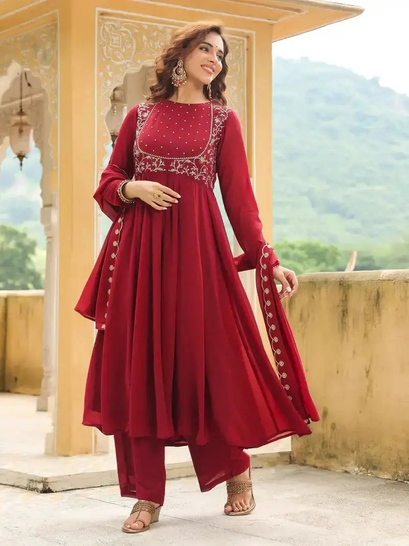 Maroon Georgette Anarkali Kurti Set with dupatta – 3/4 angle model view