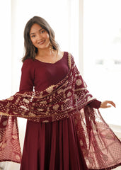 Close-up of sequins and zari embroidery dupatta on Maroon Anarkali Suit