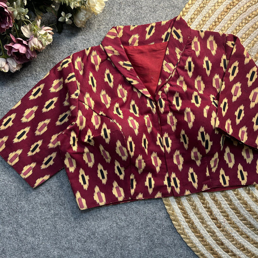 Maroon Ajrakh Print Cotton Blouse with intricate handcrafted patterns, blending tradition and elegance for a perfect cultural and festive look.