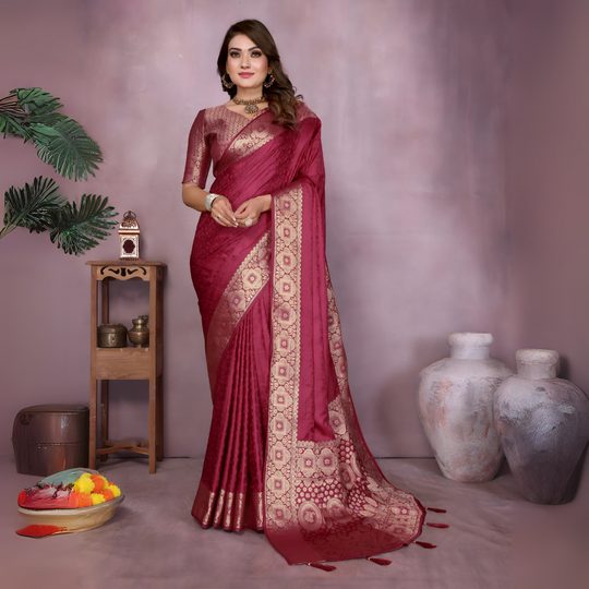 Maroon Soft Satin Silk Zari Weaving Saree