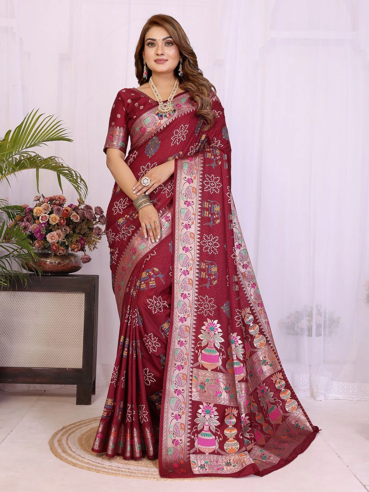 Woman wearing a maroon saree with floral patterns indoors.