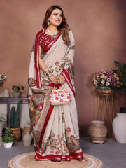 Woman in a traditional saree with a floral background