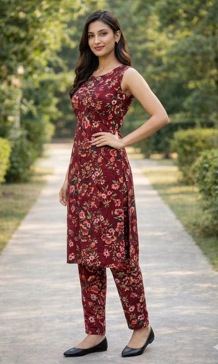 Woman wearing a maroon floral dress standing on a pathway with greenery in the background