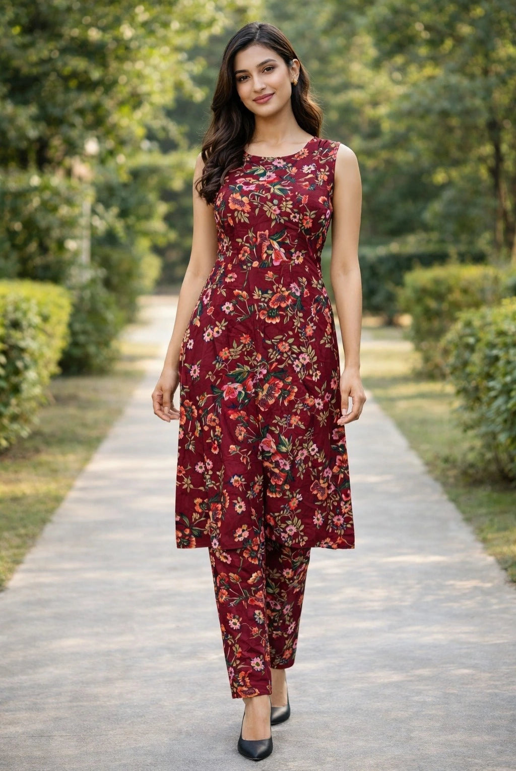 Woman wearing a maroon floral dress standing on a pathway with greenery in the background