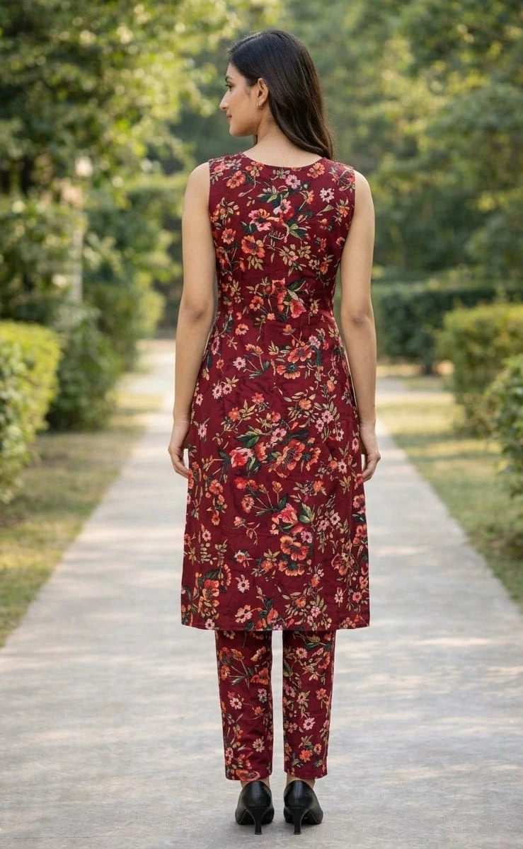 Woman wearing a red floral dress and pants walking on a path in a garden.