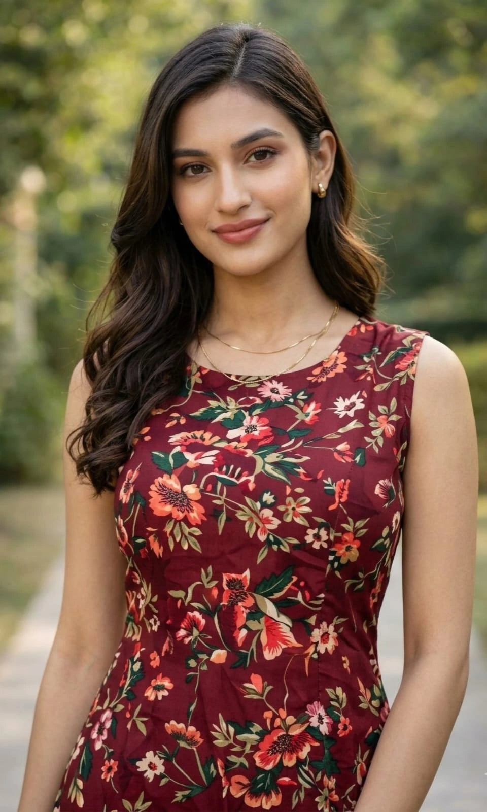 Woman wearing a red floral dress with a blurred green background