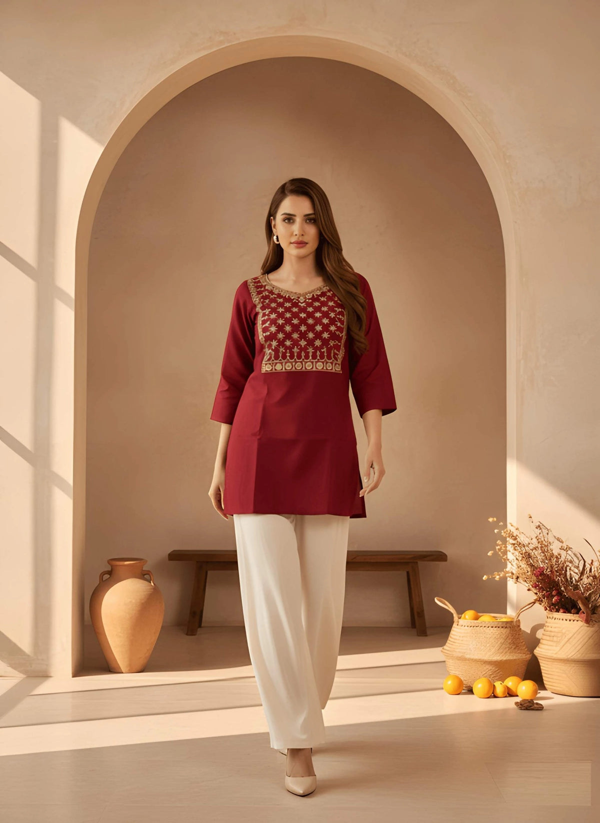 Woman wearing a red top with intricate patterns and white pants standing in a sunlit room with arches and decorative elements.