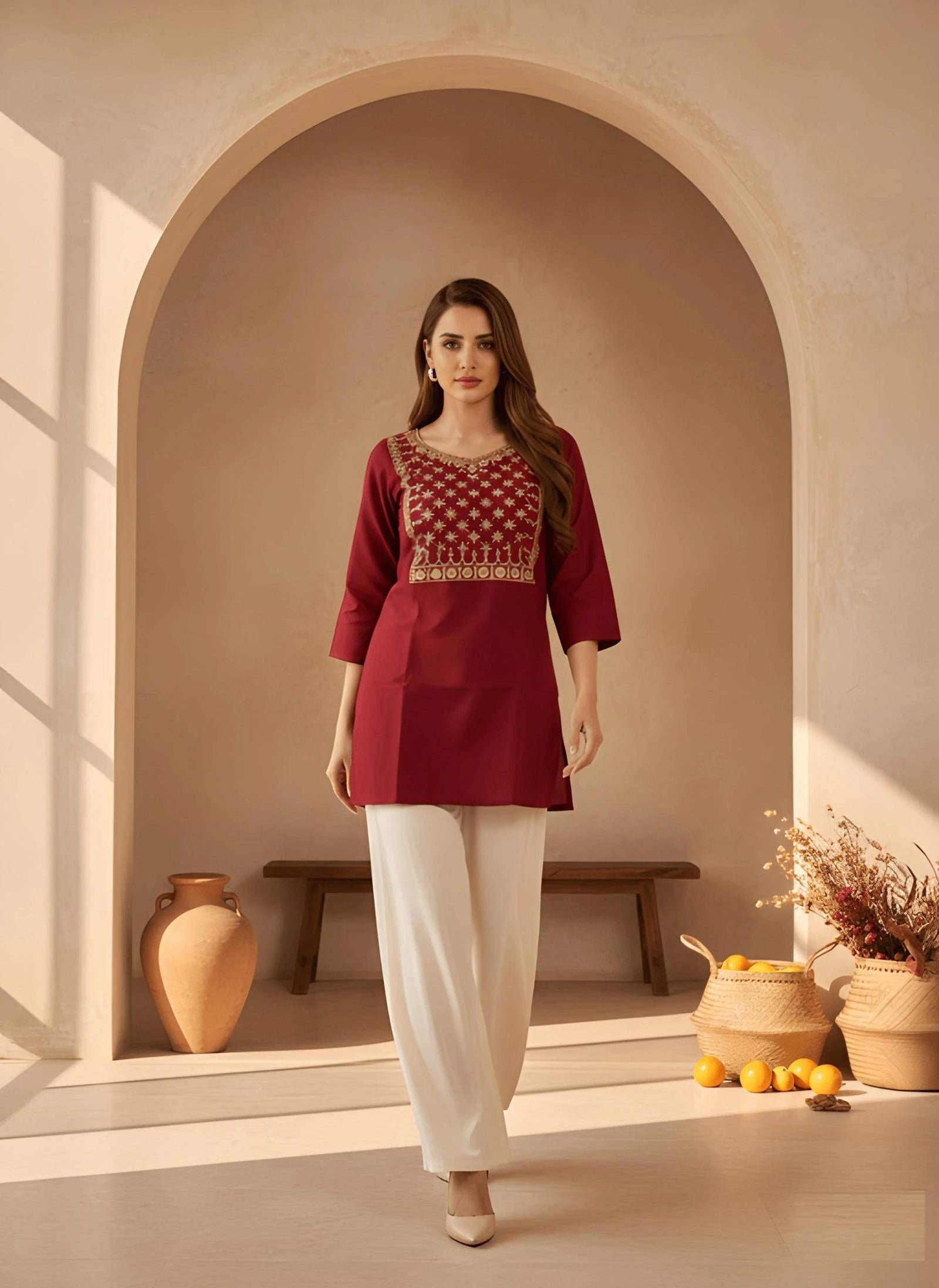 Woman wearing a red top with intricate patterns and white pants standing in a sunlit room with arches and decorative elements.