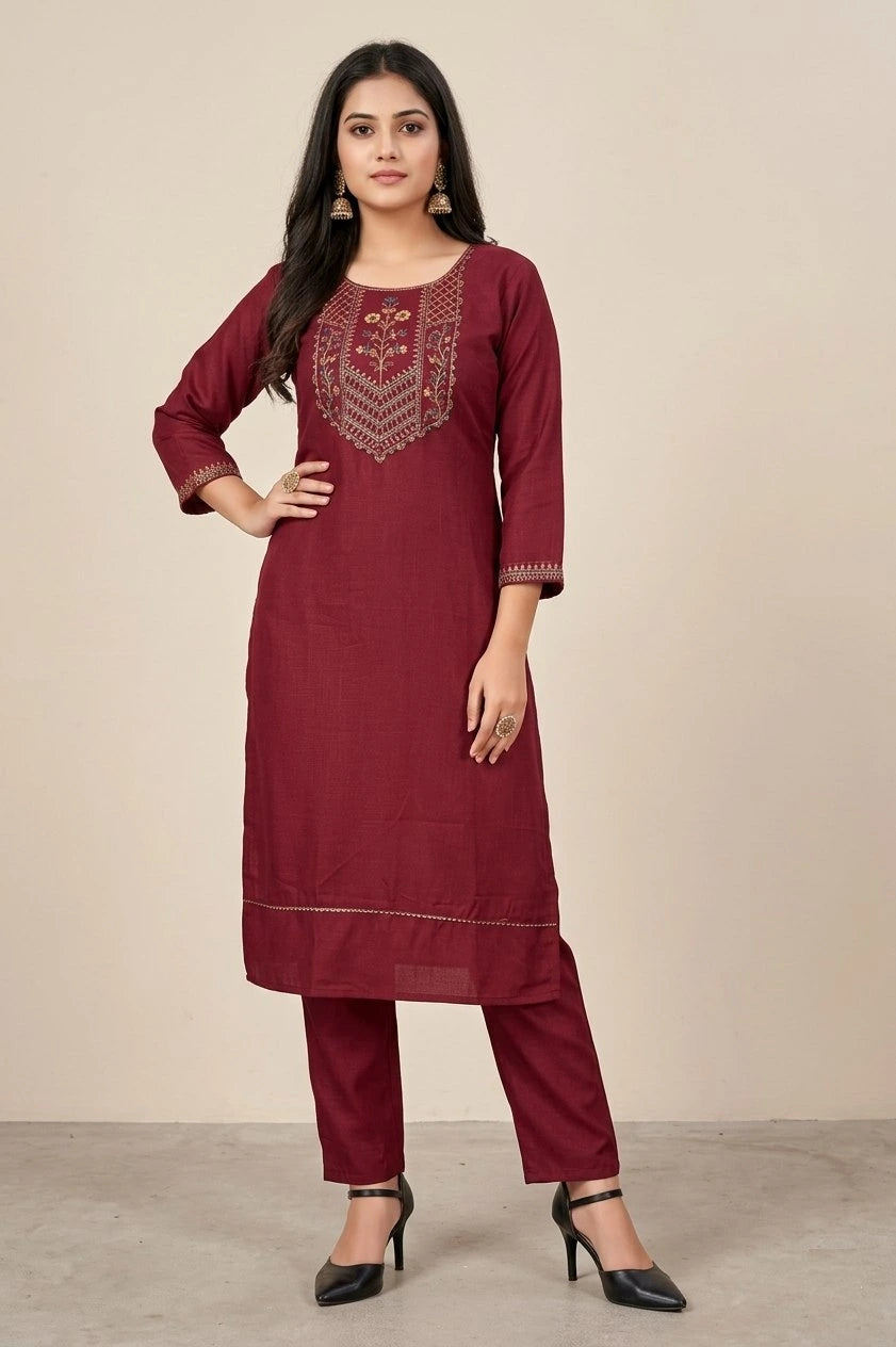 Woman wearing a maroon embroidered kurta with pants on a beige background