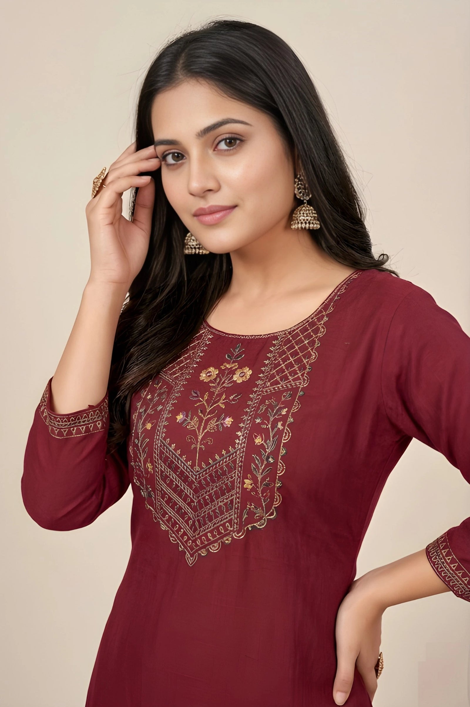 Woman wearing a maroon embroidered kurta against a beige background