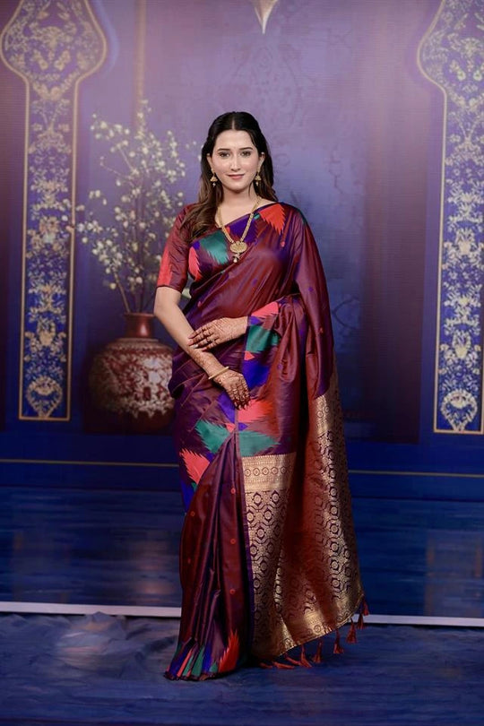 Maroon Zari Woven Border Soft Silk Saree