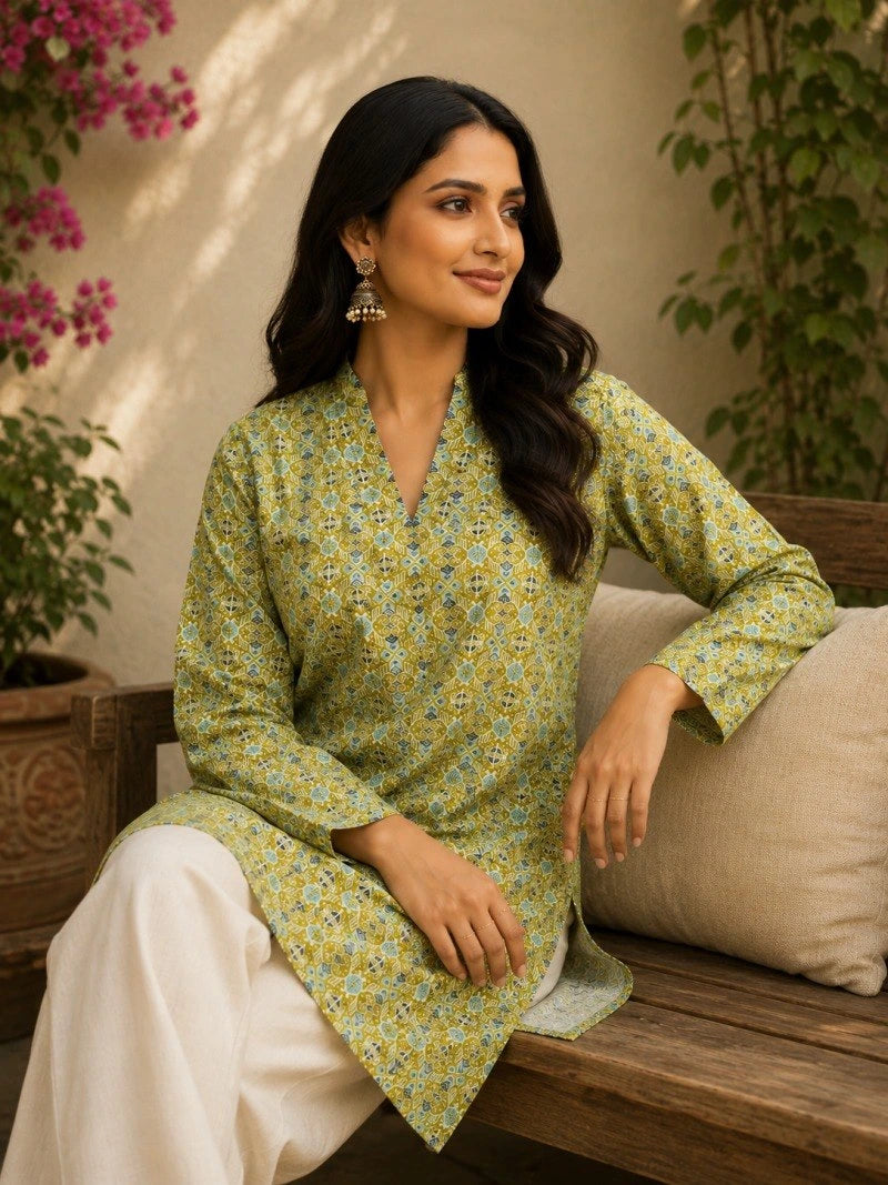 Woman in a green floral kurta sitting on a wooden bench with plants in the background